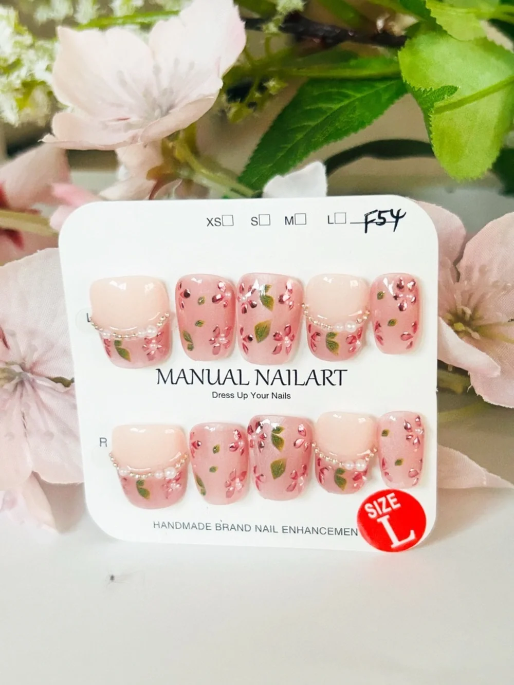 Manual Nailart Pink Floral Press-On Nails – xs,s,m,l